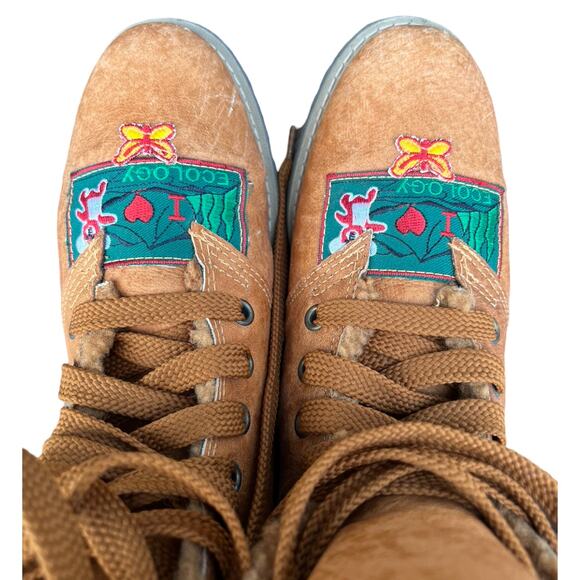 I Love Ecology Sherpa Lined Tan Brown Green Patches Combat Lace Up Boots sz 7.5 - Picture 7 of 8